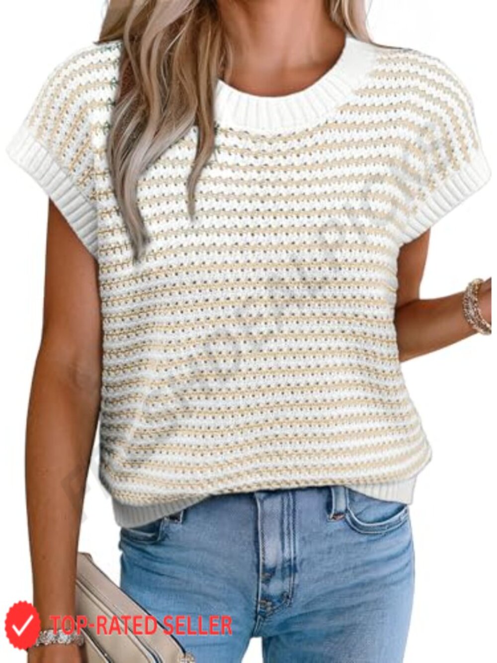 Striped Cap Sleeve Sweater Vest Round Neck Tank Top Lightweight Knit